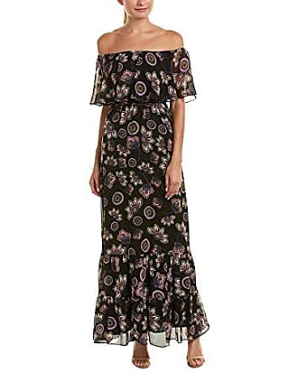 Donna Morgan Womens Off Shoulder Floral Chiffon Maxi, Black/Petal Pink/Multi, 2