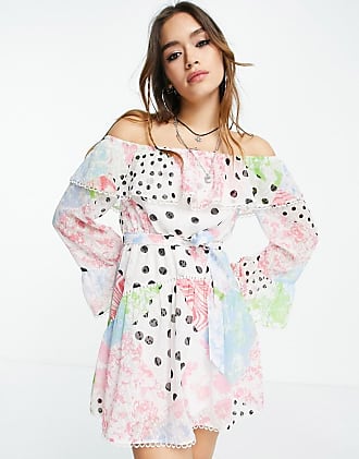 Asos off the shoulder mini dress with lace inserts in patchwork print-Multi