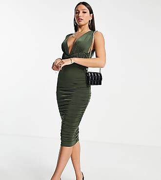 Asos Tall ASOS DESIGN Tall deep plunge seamed ruched midi dress in khaki-Grey