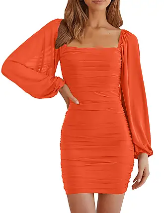 MEROKEETY Women's Long Puff Sleeve Ruched Bodycon Dress Square Neck Mesh  Cocktail Party Midi Dresses : : Clothing, Shoes & Accessories