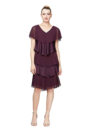 S.L. Fashions Womens Short Sleeve Solid Pebble Tiered Chiffon Dress (Missy and Petite), Aubergine, 8