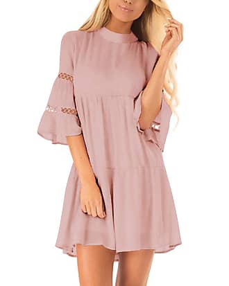 Zanzea Women Tunic Dress 3/4 Ruffle Bell Sleeve Cocktail A-line Party Casual Mini Dress Loose Flowy Swing Shift Dress Pink 2XL