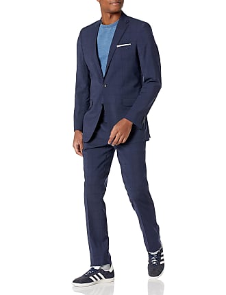 Kenneth Cole Mens Travel Ready Finished Bottom Suit, Blue Plaid, 40 Long