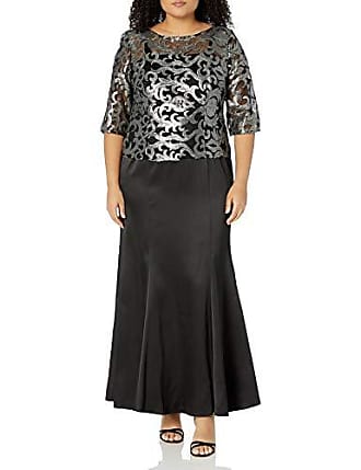 Le Bos Womens Plus Size Metallic Embroidery Long Dress, Silver/Black, 18W