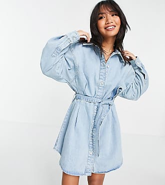 Asos Petite ASOS DESIGN Petite cotton blend denim oversized belted shirt dress in greencast - MBLUE