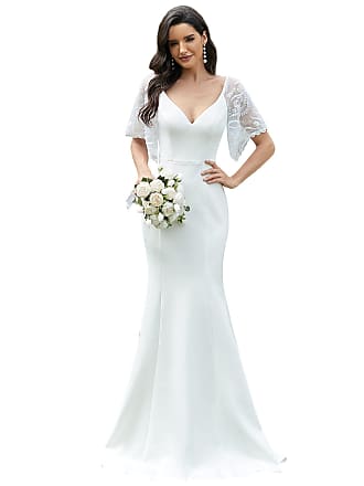 Ever-pretty Evening Dress for Women Lace V-Neck Long Wedding Guest Dress Prom Gown White US8