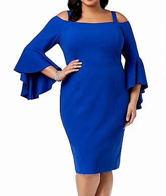 R&M Richards Womens Plus Off-The-Shoulder Bell Sleeves Cocktail Dress Blue 18W