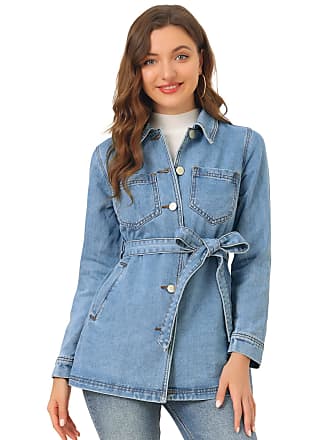 Allegra K Women's Jean Belted Notched Lapel Trench Long Denim