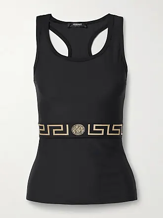 VERSACE Embellished jersey-paneled leather bustier top