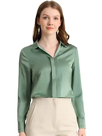 Allegra K Women's Elegant Satin Shirt Long Sleeve Office Work Blouses Tops  Green Medium