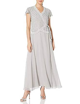 J Kara Womens Faux Wrap Long Dress W/Flutter Sleeve, Silver/White/Silver, 8 Petite