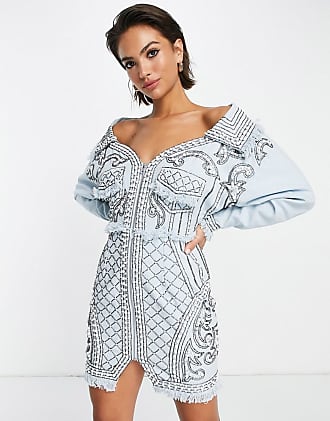 Asos off shoulder structured mini dress with pearl embellishment and collar detail-Blue