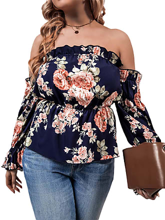 MakeMeChic Womens Plus Size Floral Off Shoulder Long Sleeve Blouse Peplum Top Navy Blue 4XL