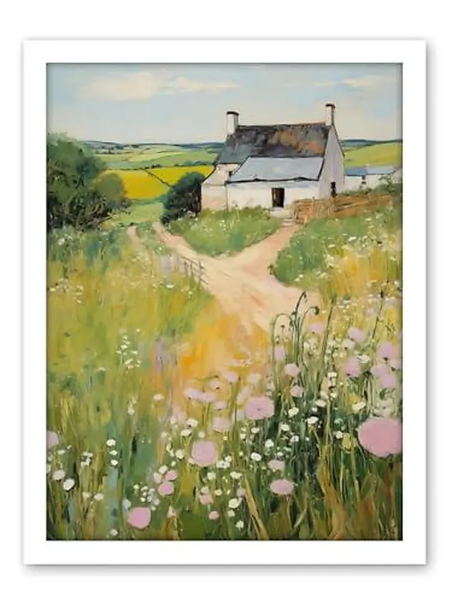 Landscape Countryside Country House Summer Cottage Purple Blooming Summer Day Original Oil Painting On Canvas Flower Bed Flowers Green Tree 2024