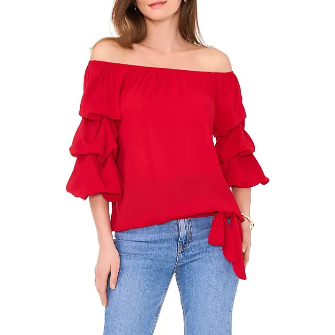 Compare Prices for Tie Waist Off the Shoulder Blouse in Fuchsia Pink at ...
