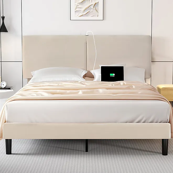 VECELO Twin Bed Frame with TypeC & USB Ports, Upholstered Platform