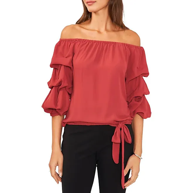 Compare Prices for Tie Waist Off the Shoulder Blouse in Red Pear at ...