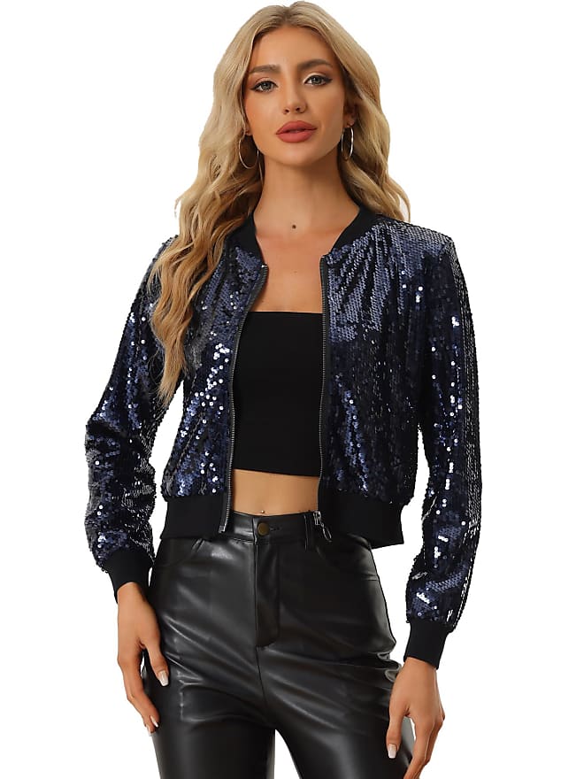 Compare Prices for Womens Sequin Long Sleeve Zipper Up Party Collarless ...